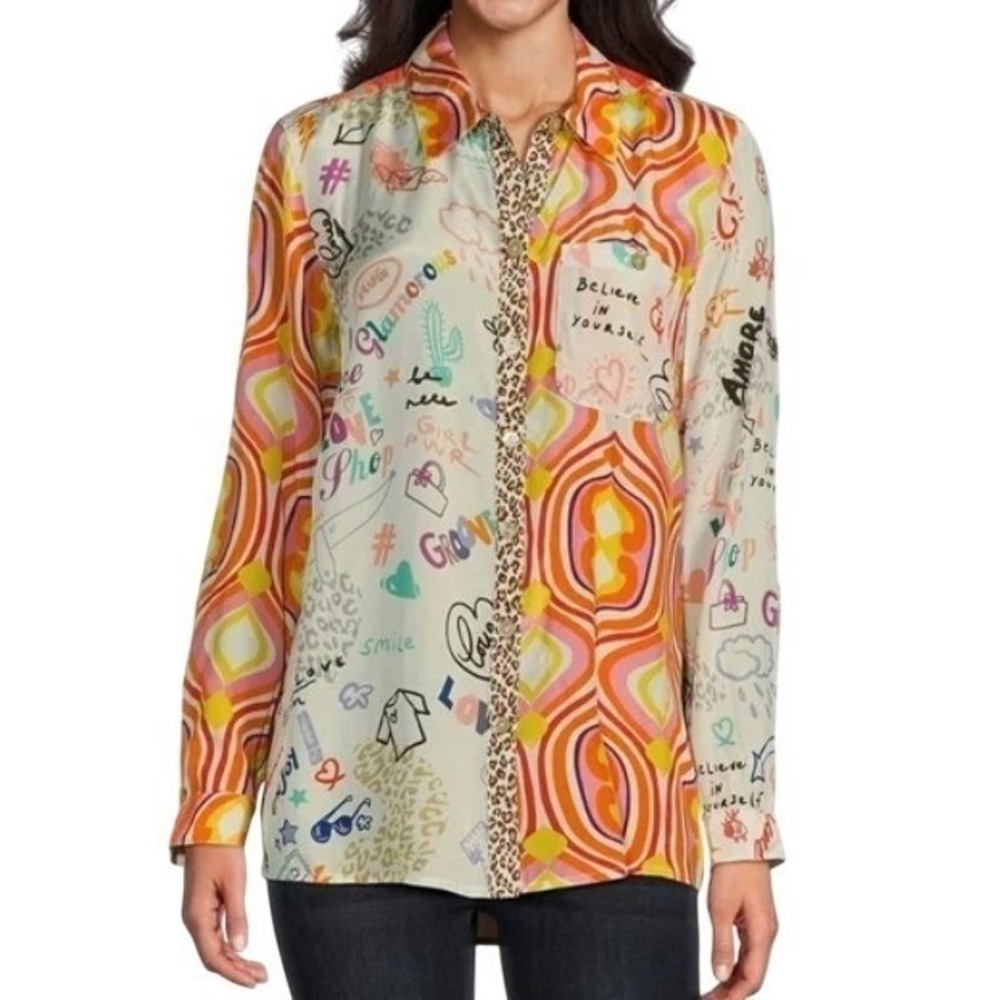 John‎ Mark Womens 2X Glamorous Novelty Mixed Print Button Front Top Shirt Blouse